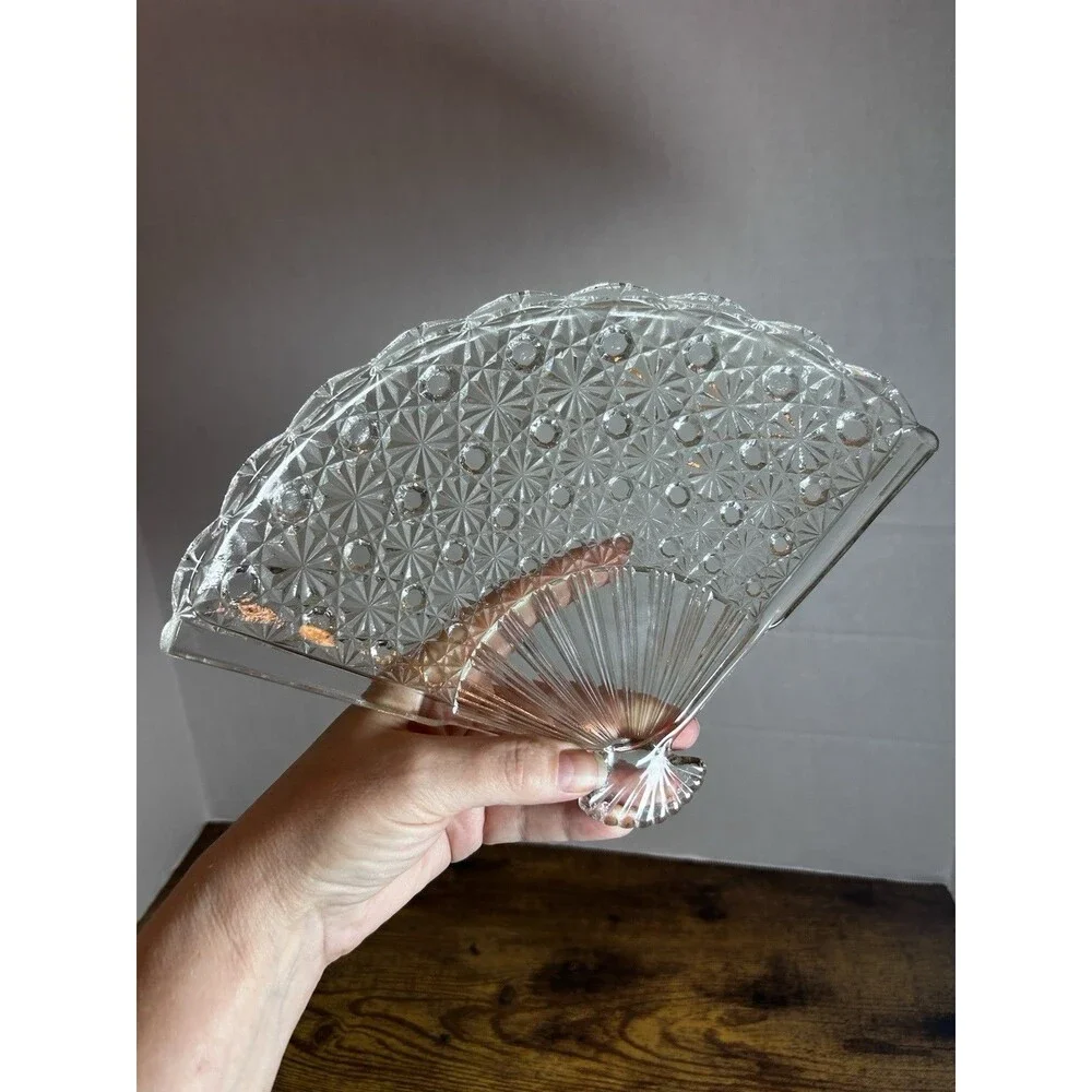 Vintage Pressed Glass Fan Shaped Serving Tray Crystal Starburst Vanity Decor Art
